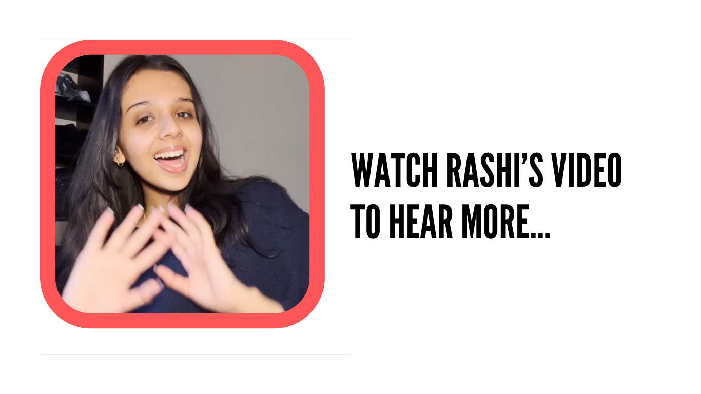 A student named Rashi with long dark hair is smiling and gesturing with her hands in a red rounded frame. To the right, bold black text reads, 